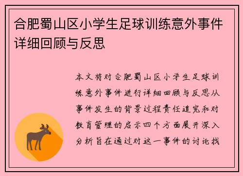 合肥蜀山区小学生足球训练意外事件详细回顾与反思